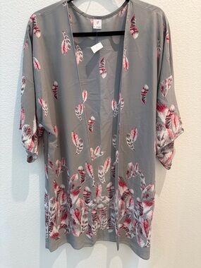 Joah Love Gray Feather Print Open Front Kimono/cover up